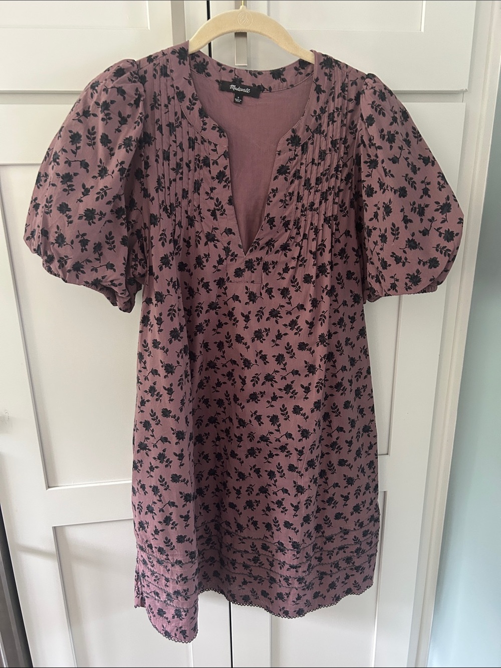 Madewell Mauve Floral Pintuck Puff Sleeve Mini Dress